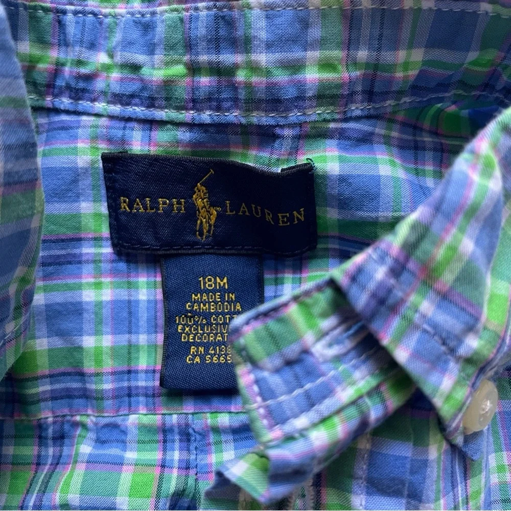 Ralph Lauren Blue & Green Plaid Short Sleeve Button Down Size 18 months